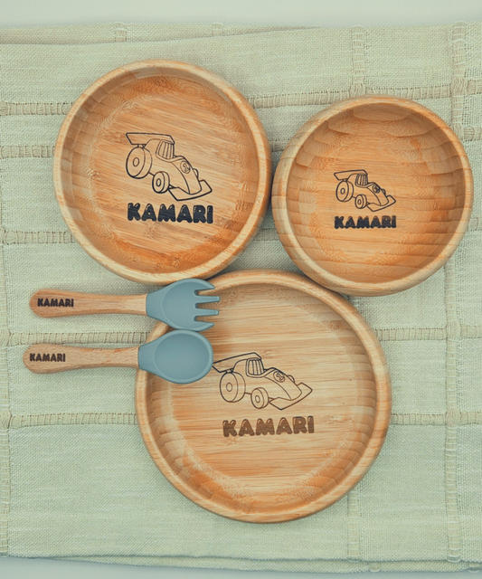 Personalized Bamboo Suction Bowls and Utensil Set