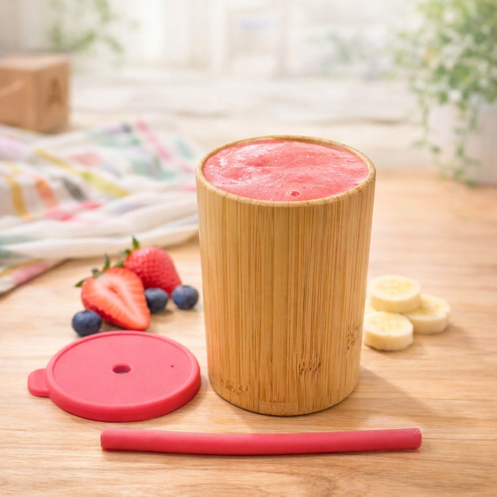 Bamboo cup with pink smoothie