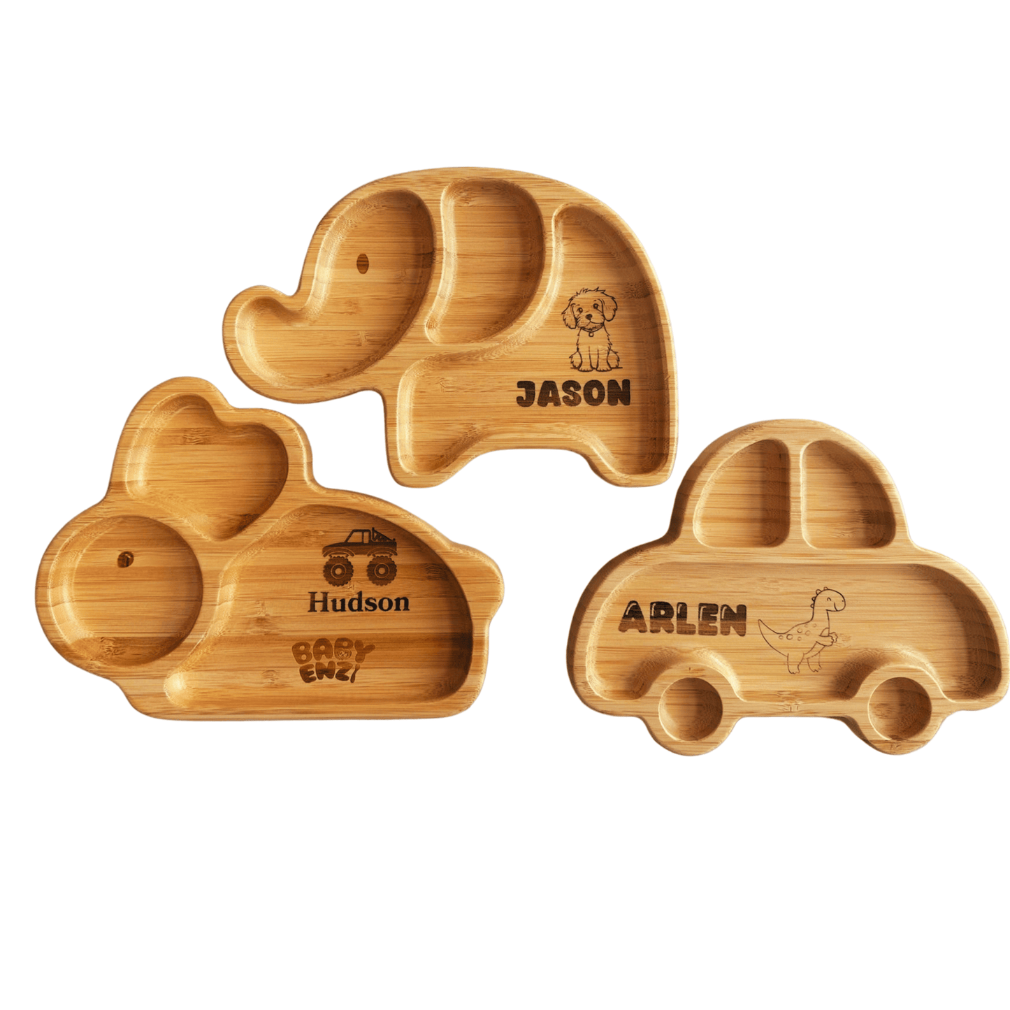 SINCERELY ENZI PERSONALIZED CHILDREN BAMBOO Wooden Animal/Geometric - Shaped Plates, Fun Baby Led Weaning Dishes with Suction Cup for Toddlers, Baby Shower Gift for Children - Sincerely Enzi