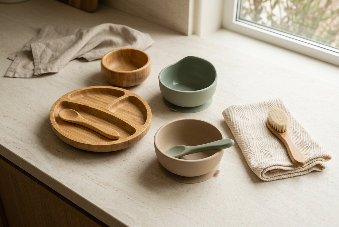 Bamboo and sage silicone dinnerware with a cotton cleaning cloth on a cream countertop.