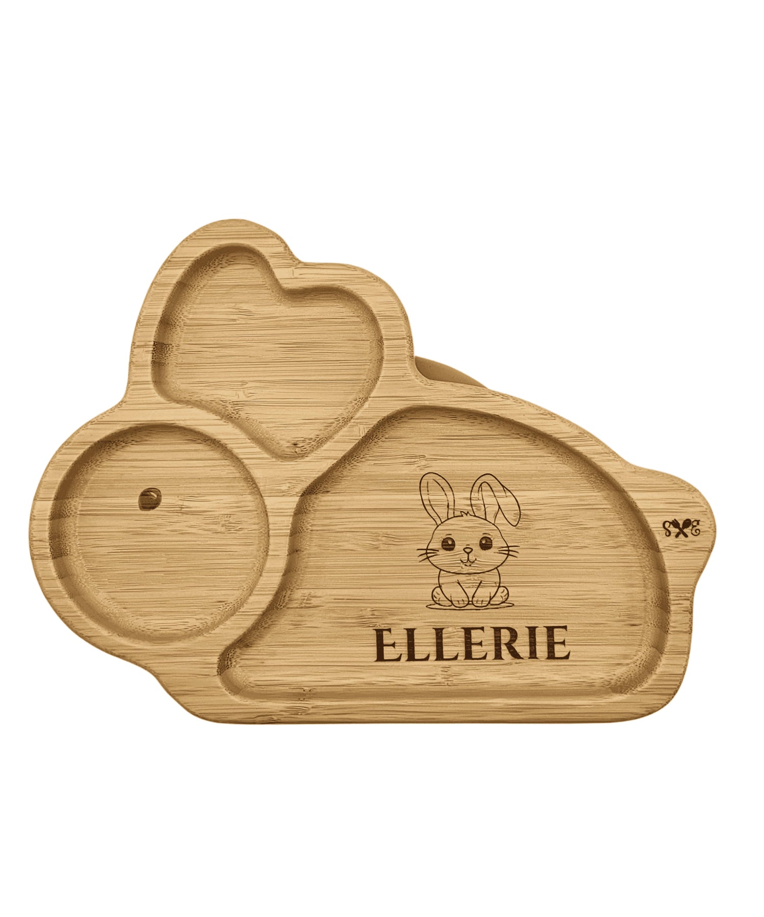 Bunny-shaped bamboo plate engraved with rabbit design and name 'Ellerie'