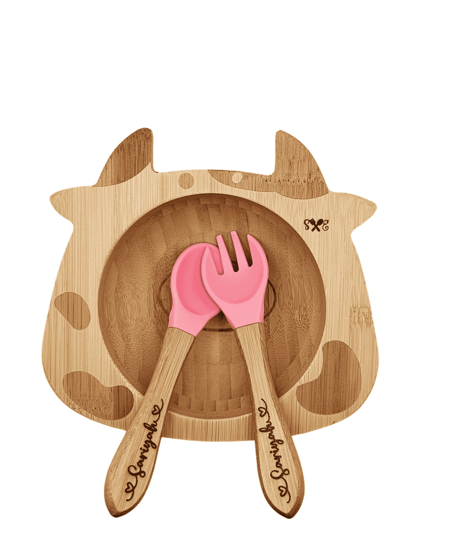 Cow-shaped bamboo bowl with pink personalized fork and spoon