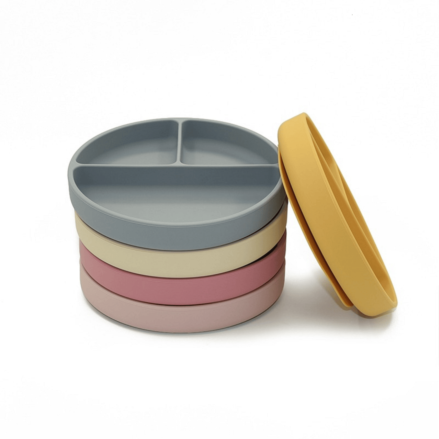 Stack of silicone divided toddler plates in five colors