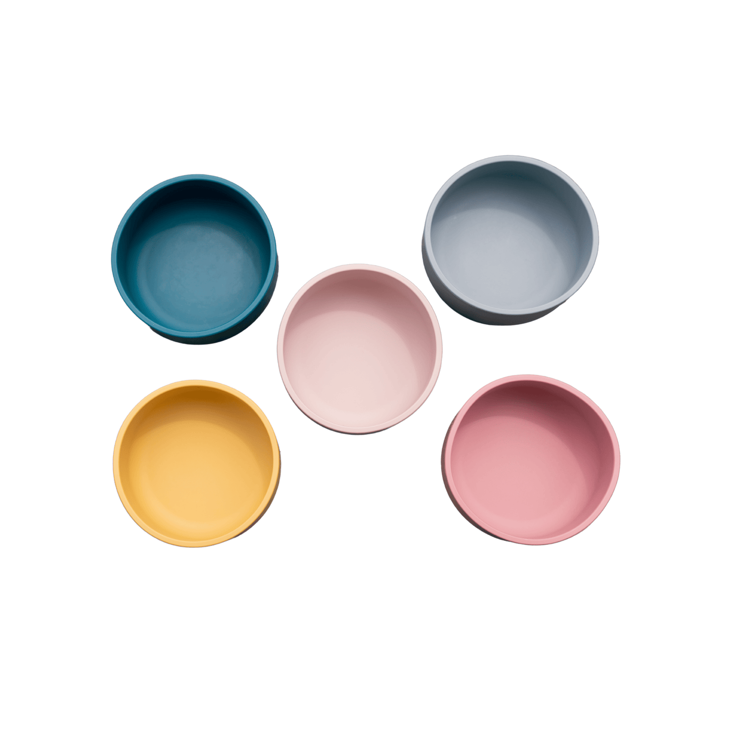 Five silicone toddler bowls in teal, gray, yellow, blush, and rose