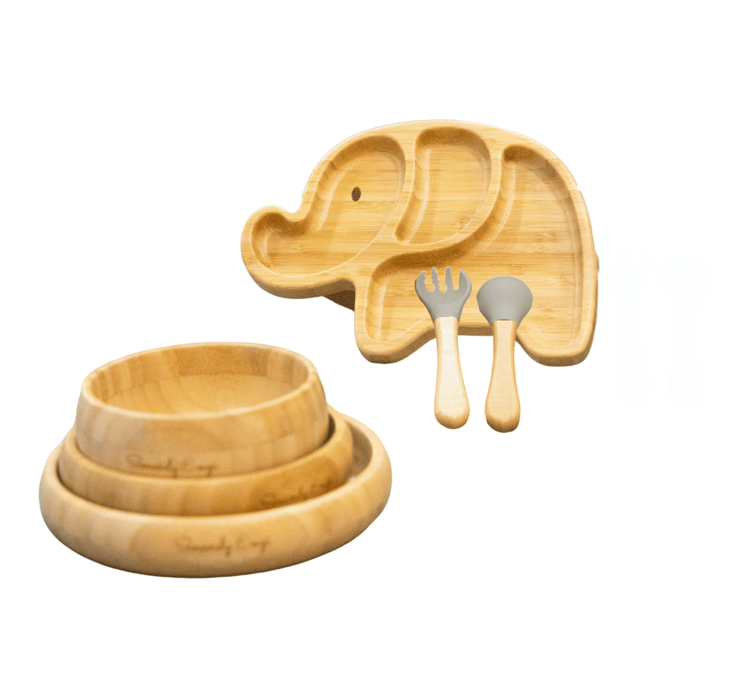 Elephant-shaped bamboo plate with utensils and stacked nesting bowls