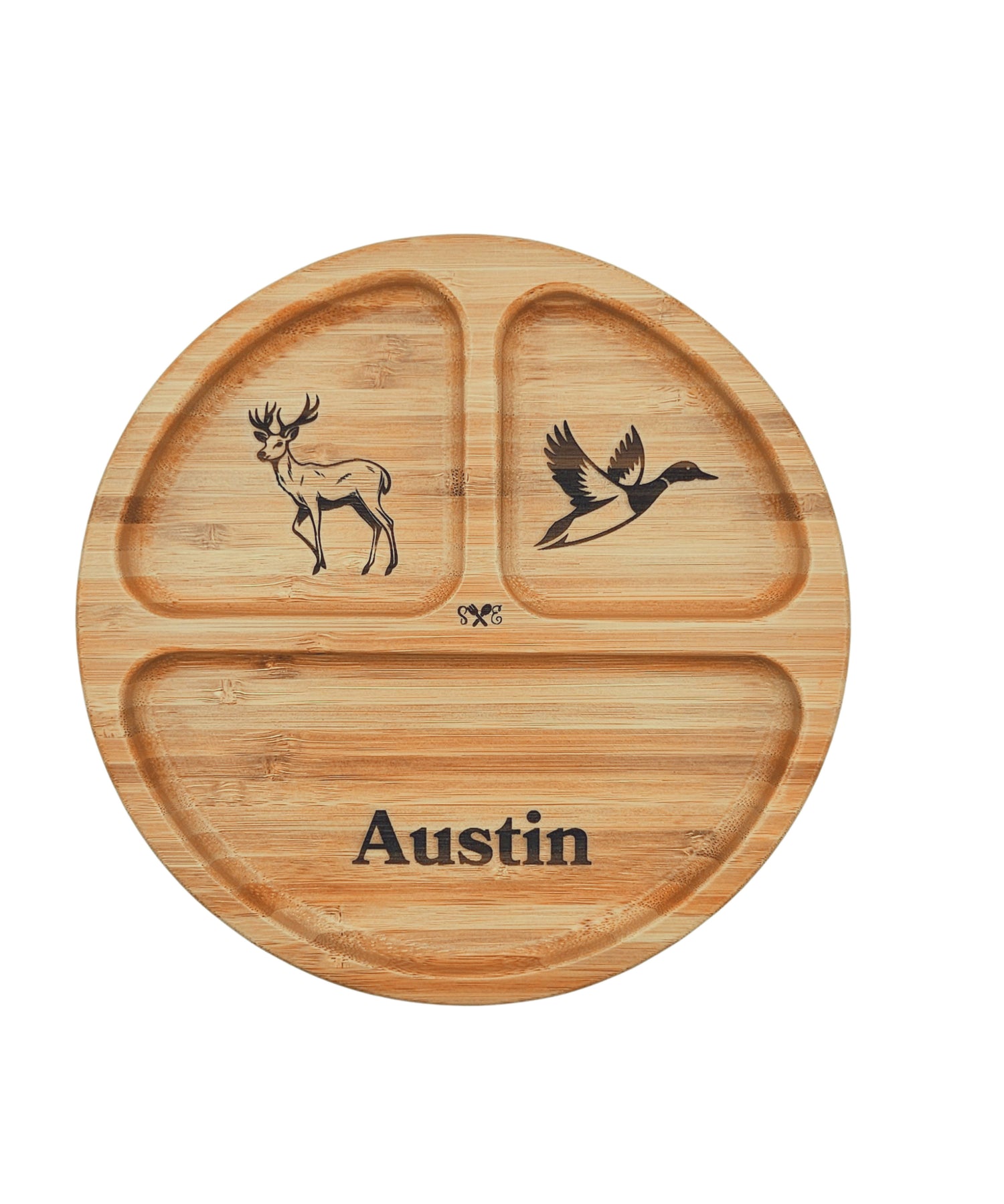 Round bamboo divided plate engraved with deer, duck, and personalized name 'Austin'