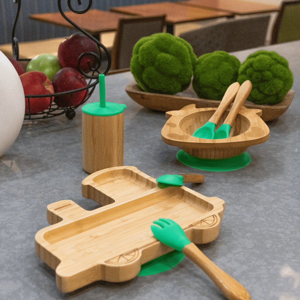 Toddler Bamboo Train-Shaped Plate, Cow-Shaped Bamboo Bowl, and Bamboo Sippy Cup