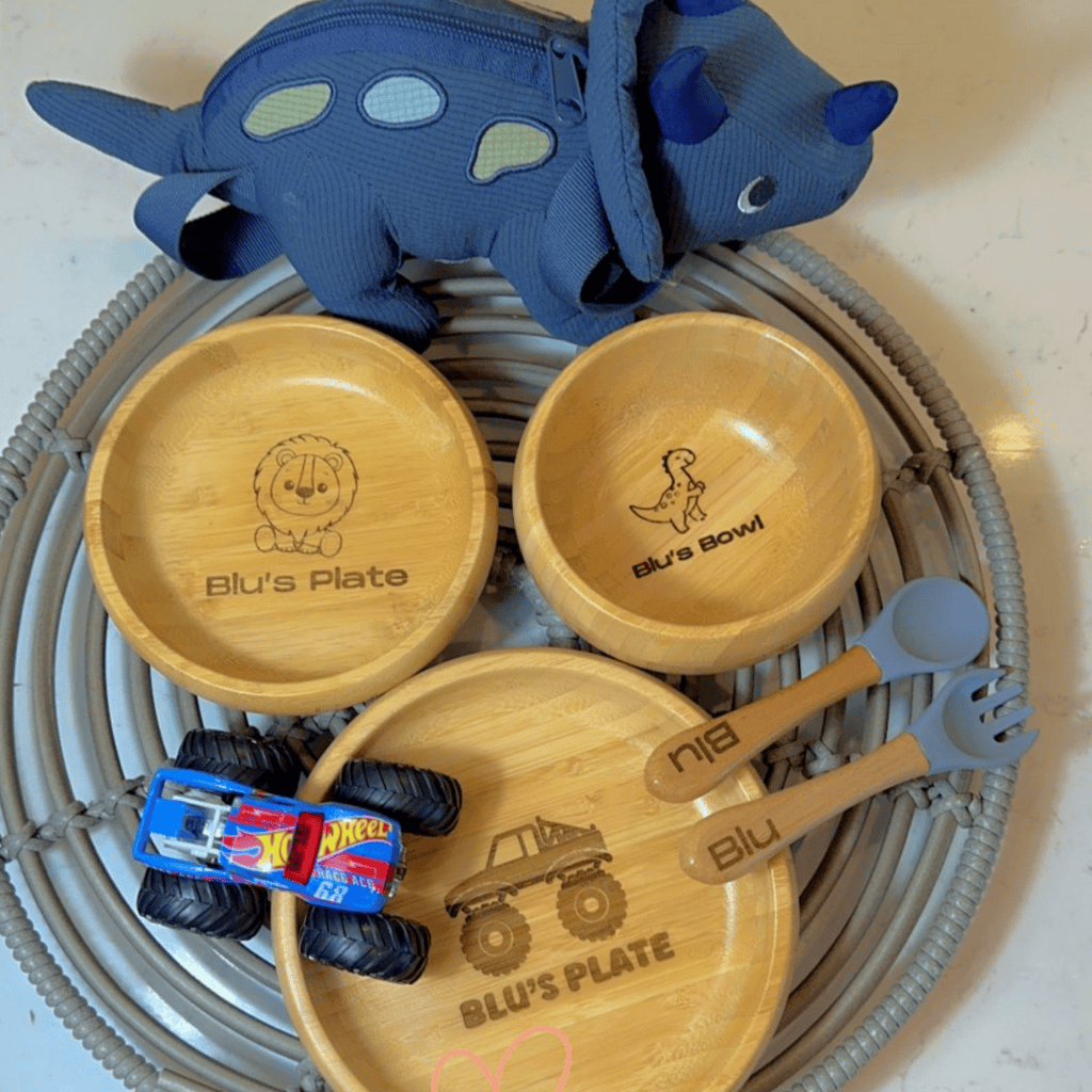 5-pc Bamboo bowl set engraved name and objects.