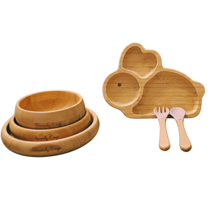 Bamboo 6-Pc Suction Plate-Bowl-Utensil Set