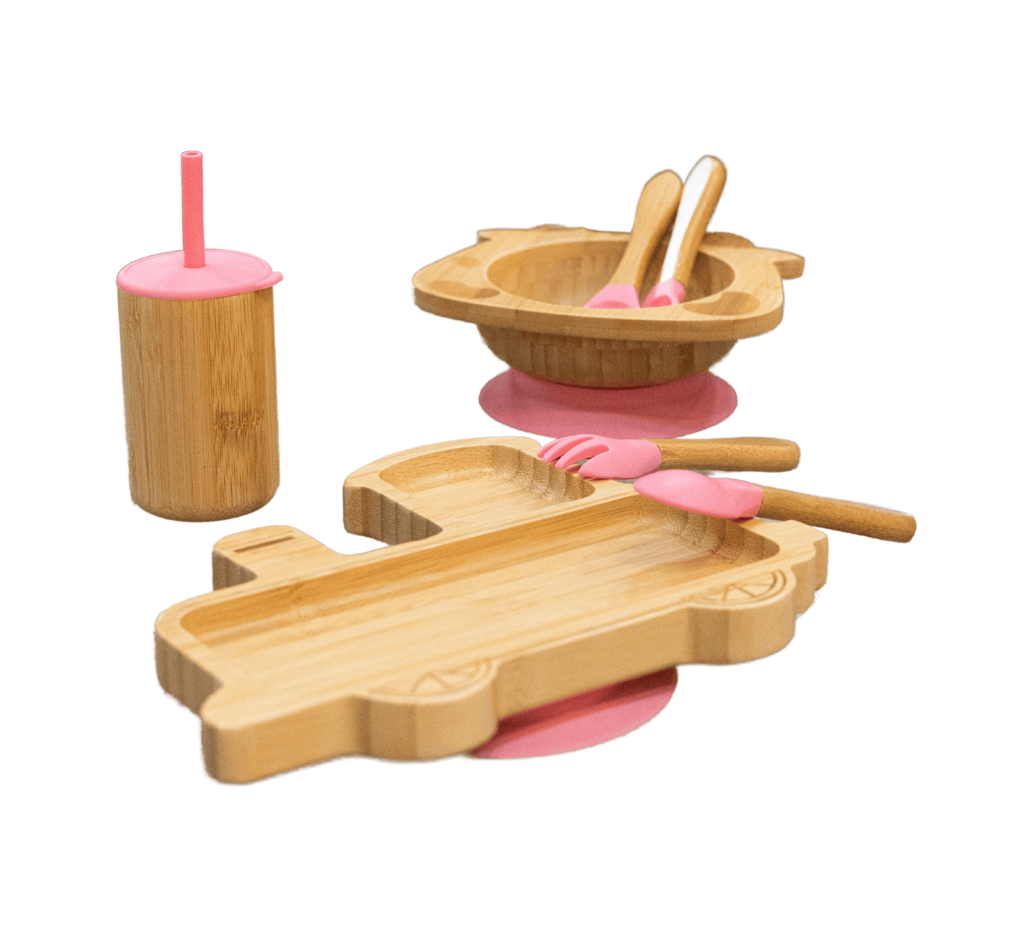 Bamboo 7-Pc Animal Suction Plate-Bowl-Cup-Utensil Set