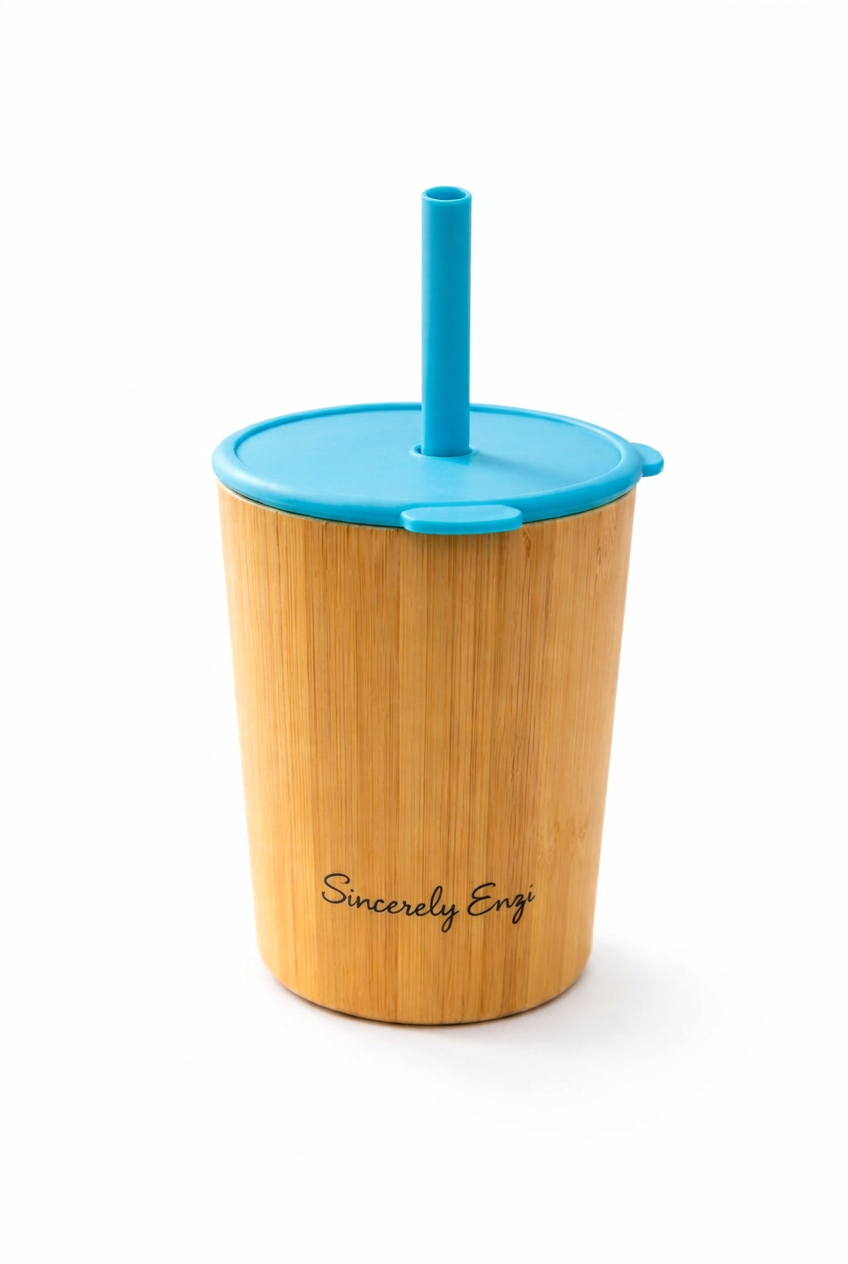 Bamboo cup with blue lid and straw