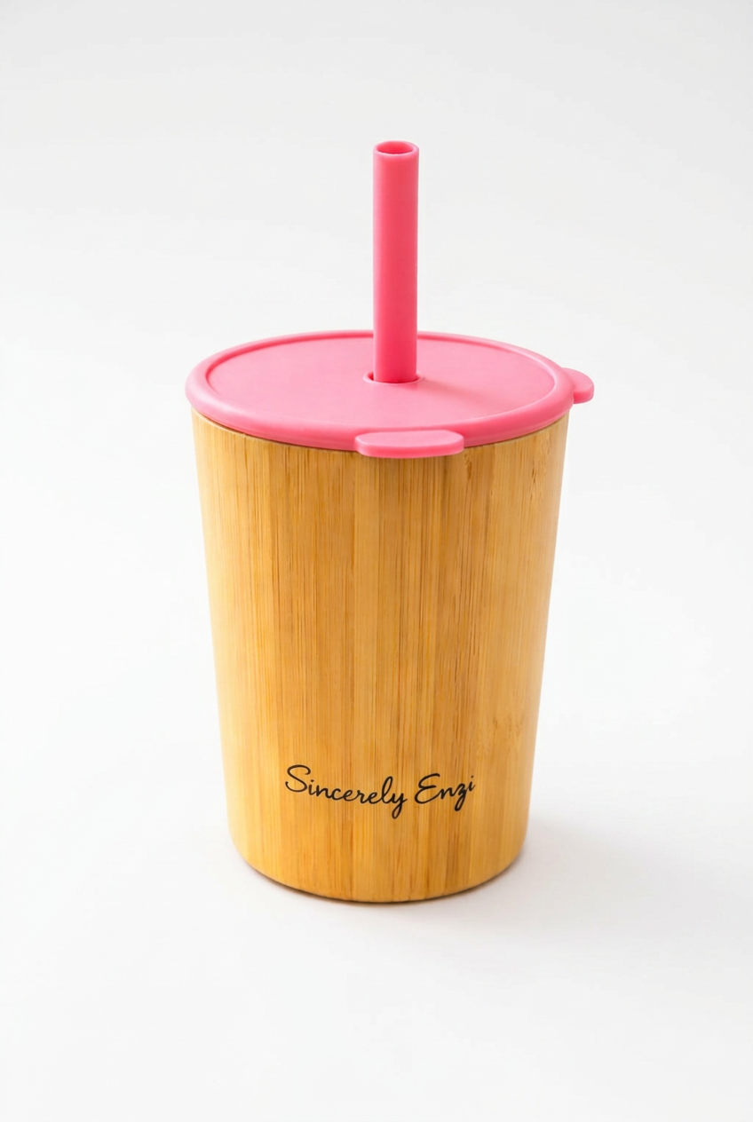 Bamboo cup with pink lid and straw