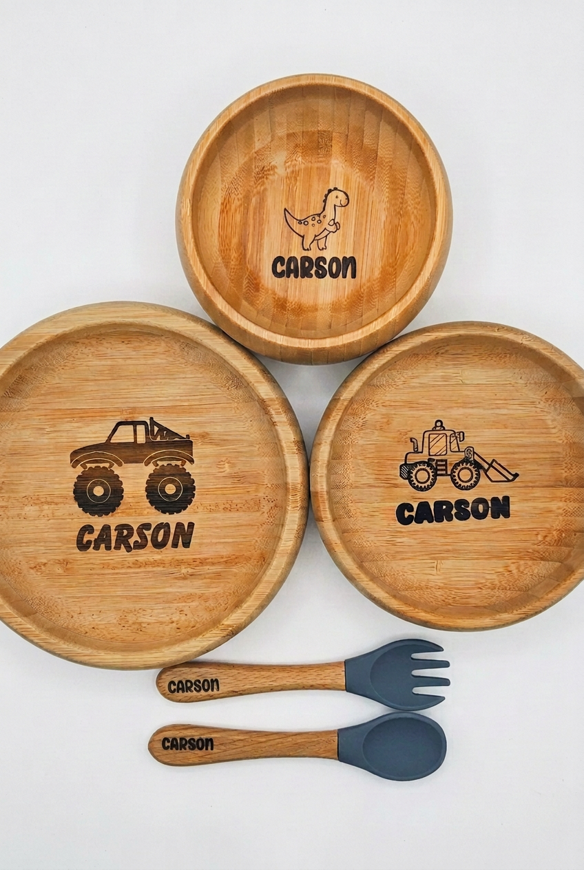 Carson bamboo set with lighting balanced on the dinosaur bowl