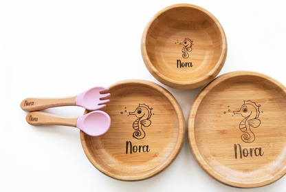 Custom Nora bamboo bowl set with pink utensils and balanced lighting