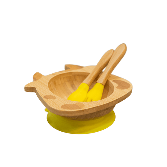 SINCERELY ENZI CHILDREN BAMBOO WOODEN Cow - Shaped Bowls with Utensils, Fun Baby Led Weaning Dishes with Suction Cup for Toddlers, Baby Shower Gift for Children - Sincerely Enzi