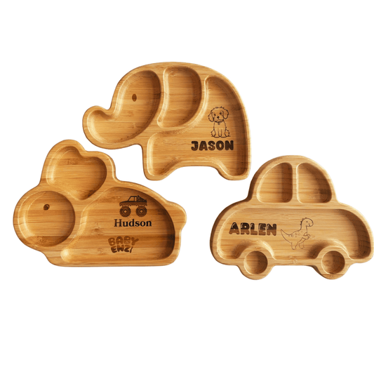 SINCERELY ENZI PERSONALIZED CHILDREN BAMBOO Wooden Animal/Geometric - Shaped Plates, Fun Baby Led Weaning Dishes with Suction Cup for Toddlers, Baby Shower Gift for Children - Sincerely Enzi