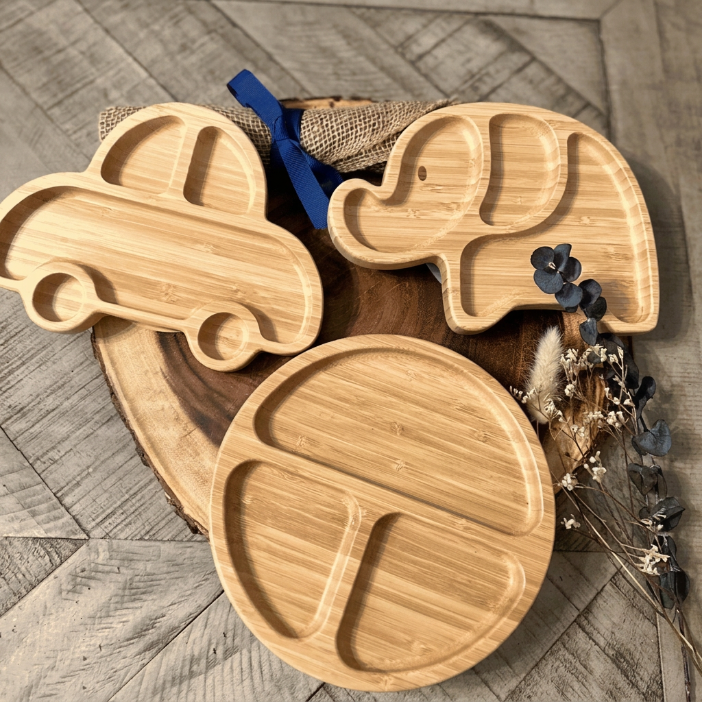 Three bamboo plates in lifestyle setting